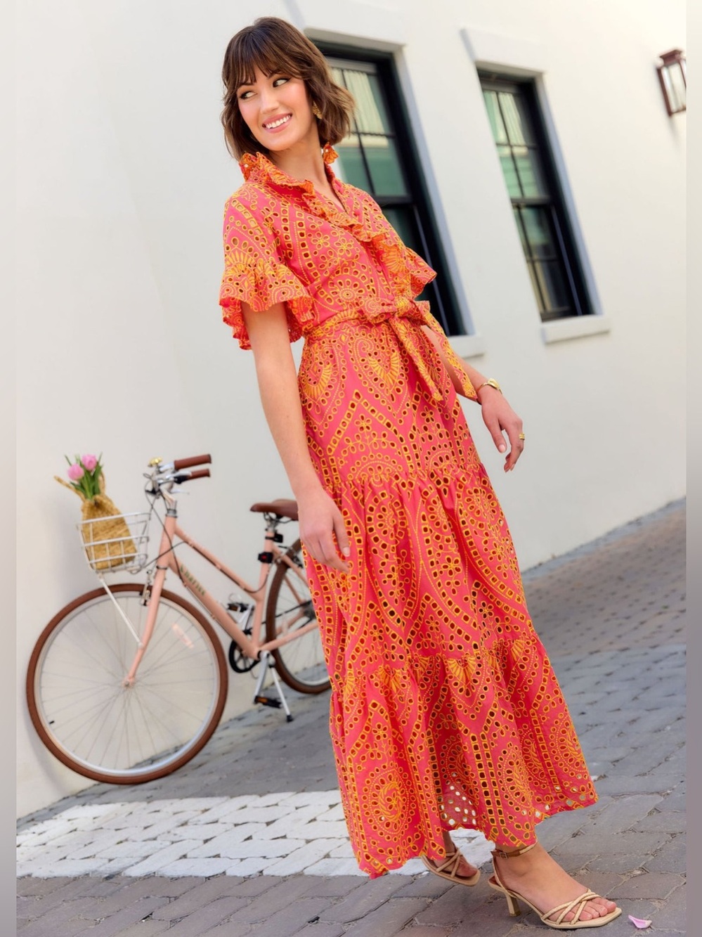 NWT Abbey Glass Sadie Maxi Dress Coral and Yellow Eyelet Sz L